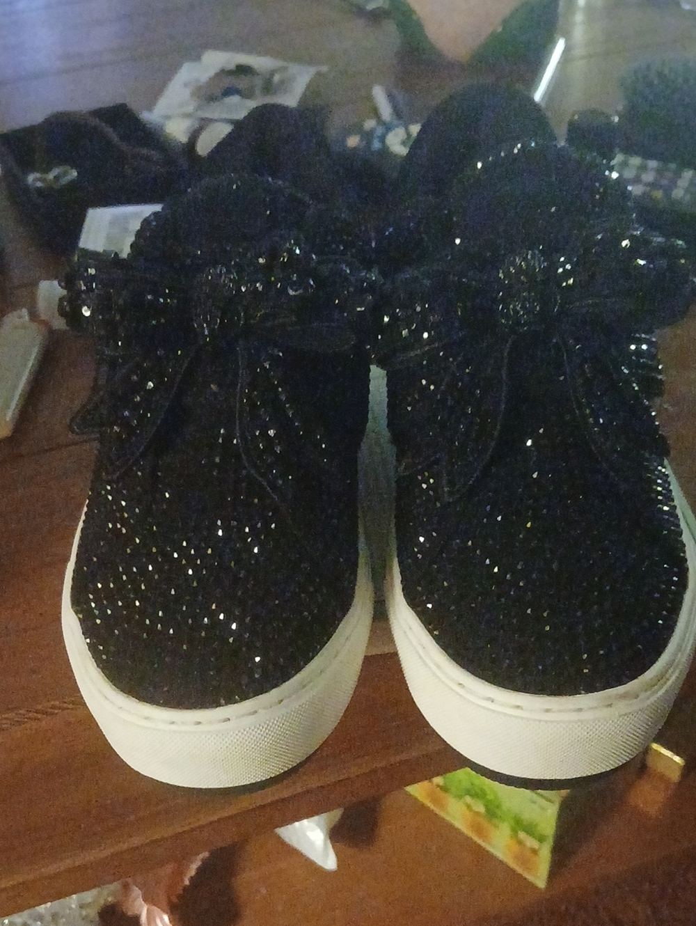 Kurt Geiger Black Sparkle Bow Slip-On Sneakers with White Platform Sole Gorgeous